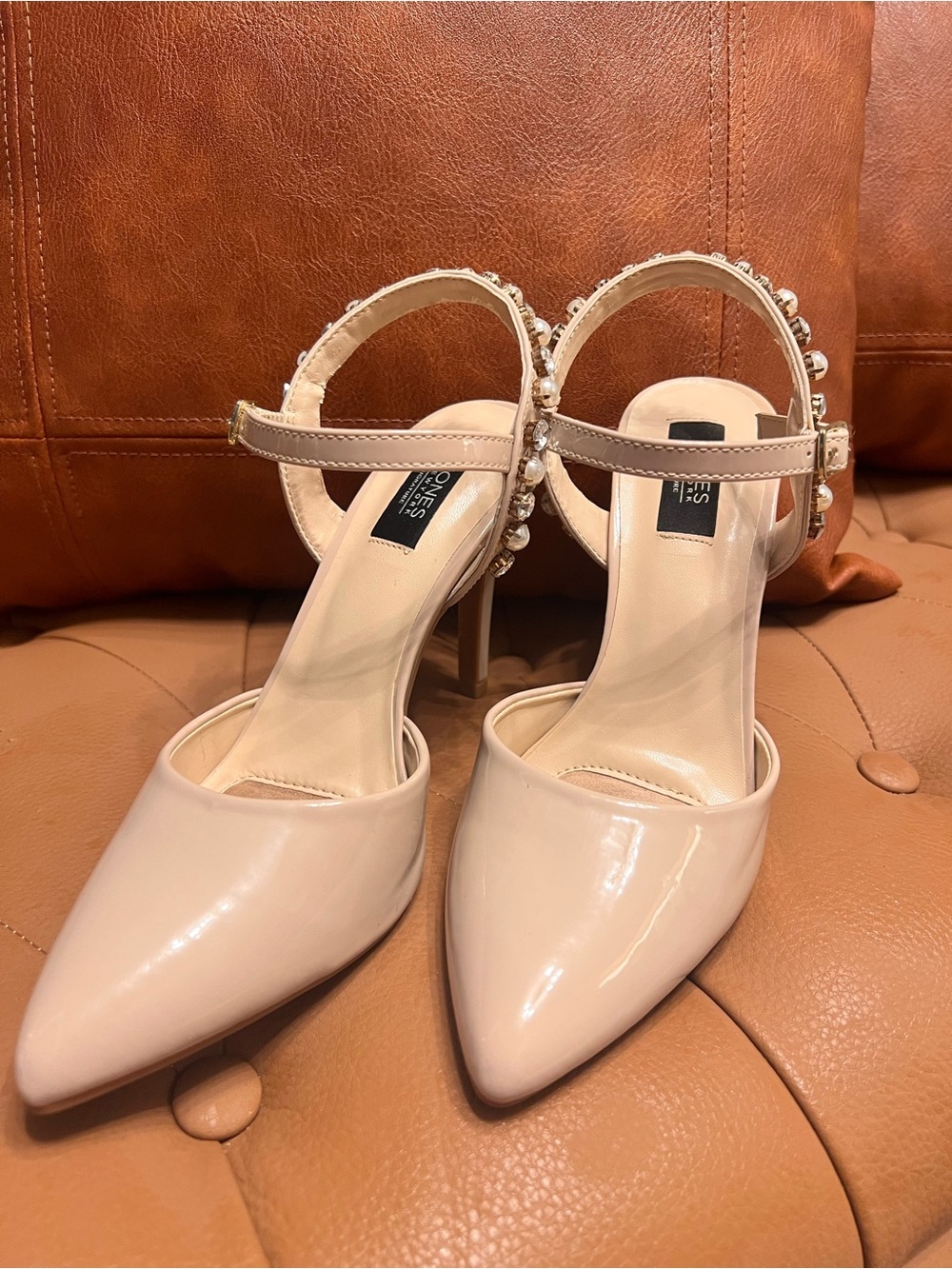 Jones New York Nude Patent Pointed-Toe Heels with Pearl-Ankle Strap